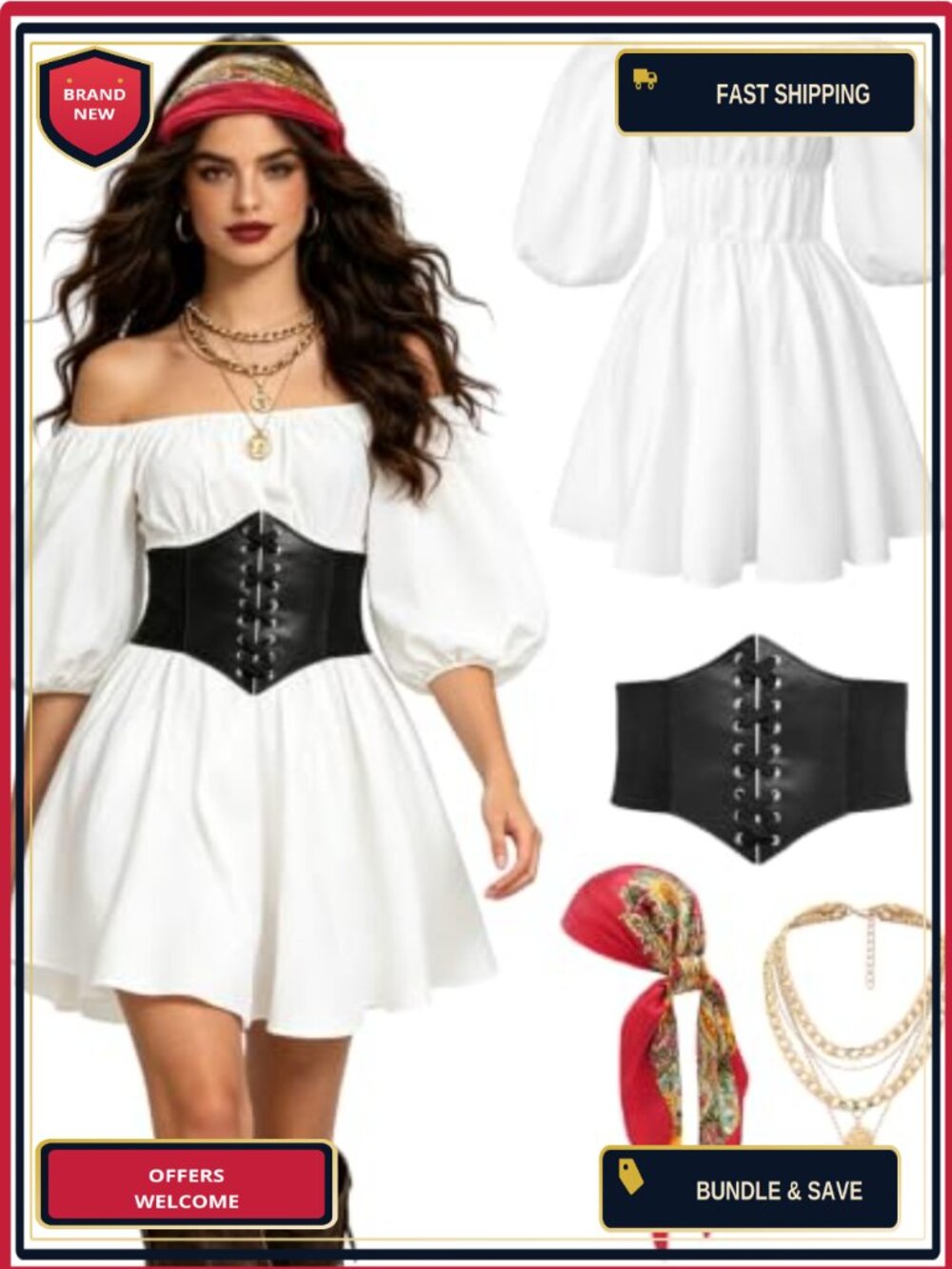 Women's Pirate Costume Off-Shoulder Lantern Sleeve Dress with Corset